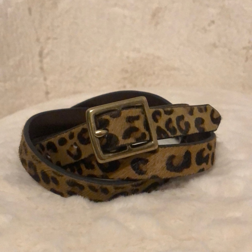 Faux calf hair leopard print skinny belt. Size L